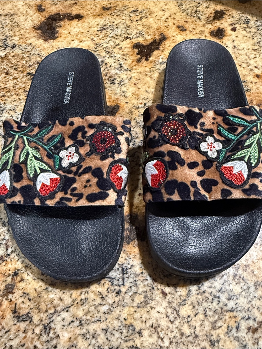 Steve Madden Leopard Print Slide Sandals with Embroidered Floral Accents